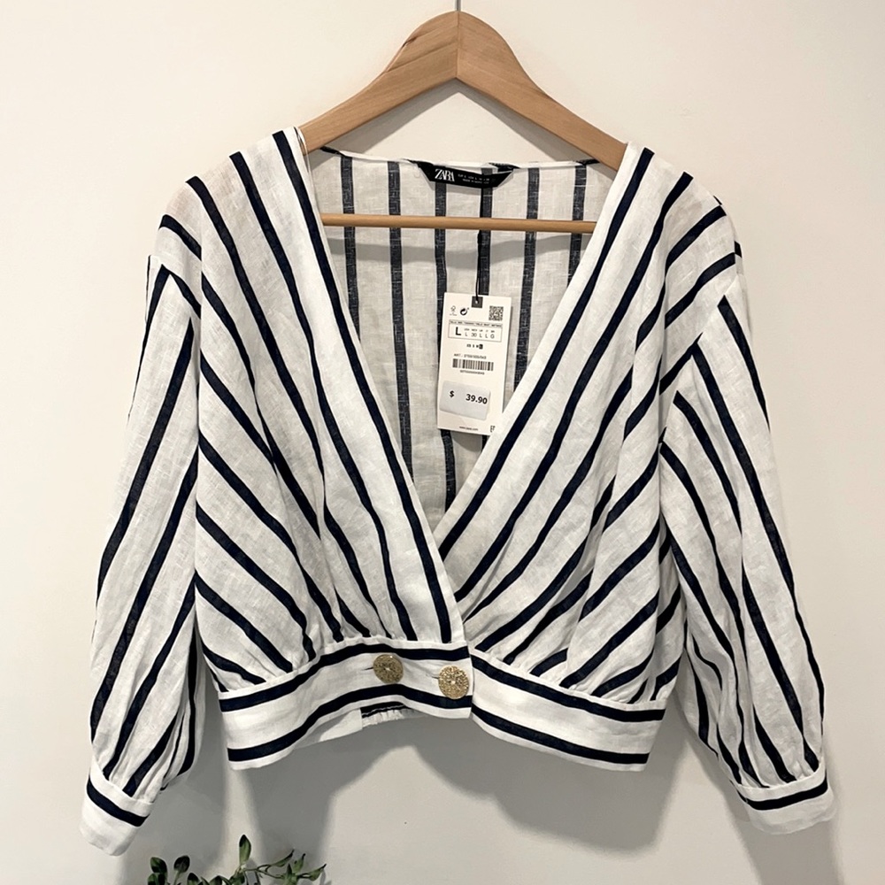 Zara linen cropped striped plunge top